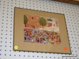(BWALL) FRAMED PRINT; DEPICTS A MEXICAN MARKET GOING ON IN THE MIDDLE OF THE CITY SQUARE. SIGNED IN