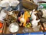 (TABLE) TRAY LOT OF ASSORTED ITEMS; LOT INCLUDES A BASKET FILLED WITH PAPER MACHE VEGETABLES, A