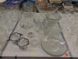 (TABLE) LOT OF ASSORTED GLASSWARE; LOT INCLUDES FLORAL SILVER TONE DETAILED SUGAR AND CREAMER,