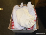 (TABLE) BOX LOT OF LINENS; LOT INCLUDES A CREAM COLORED TABLE CLOTH, RED AND WHITE CHECKERED TABLE