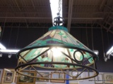 STAINED GLASS CHANDELIER; BLUE, TURQUOISE, AND GREEN STAINED GLASS CHANDELIER IN EXCELLENT