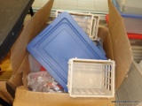 (TABLE) LOT OF PLASTIC BIN LIDS; BOX FULL OF RUBBERMAID STORAGE BOX LIDS, MOST MATCH LOT 501.