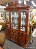 (R2) RIVER'S EDGE CHINA CABINET; 2 PC. CHINA CABINET WITH AN ARCHED TOP WITH A PINEAPPLE SHAPE IN