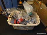 (TABLE) BOX OF ASSORTED ITEMS; BIN INCLUDE CHAINS, HOOKS, JUMPER CABLES, SOUND PROOF HEADPHONES AND