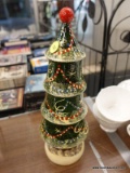 (TABLE) WOODEN CHRISTMAS TREE; HAND PAINTED WOODEN DECORATIVE CHRISTMAS TREE. MEASURES 1 FT TALL.
