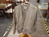 (COAT RACK) RAIN COAT; LIGHT BROWN/GRAY GOOD YEAR RAIN COAT. SIZE XL.