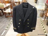 (COAT RACK) VINTAGE US NAVY SUIT; J B SIMPSON BLACK SUIT COAT AND PANTS MADE ON 6-24-44.