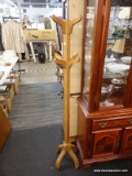 (R2) FLOOR COAT HANGER; WOODEN 8-HOOK COAT HANGER WITH SPIDER LEGS. MEASURES 5 FT 4 IN TALL.