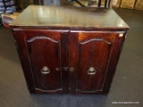 (R2) WOODEN NIGHTSTAND; DARK STAINED WOODEN NIGHT STAND WITH 2 LOCKING LATCH FRONT DOORS WITH RING