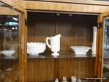 (R2) ASSORTED GLASS BOWLS, PITCHER, AND VASE; 5 PIECE LOT OF MILK GLASS BOWLS, PITCHER, AND VASE TO