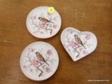 (R2) LOT OF BIRD CHINA DISHES; 3 PIECE LOT OF BIRD DISHES TO INCLUDE 2 SAUCERS/COASTERS AND A HEART