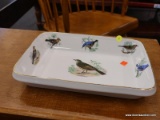 (R2) BAKING DISH; HAND PAINTED CASSEROLE DISH WITH BIRDS PAINTED ALONG THE INSIDE AND GOLD TONE