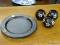 (R2) VOTIVE HOLDER AND PLATE; LOT OF BLACK PAINTED WOODEN PLATES WITH 3 MATCHING VOTIVE HOLDERS.