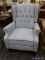 (R3) WING BACK ARM CHAIR; LIGHT BLUE UPHOLSTERED WINGBACK ARM CHAIR WITH BUTTON DETAILING ON THE