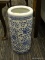 (R3) ORIENTAL PLANTER; BLUE AND WHITE PORCELAIN, CYLINDER SHAPED INDOOR PLANTER. MEASURES 18 IN TALL