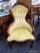 (R3) VICTORIAN ARMCHAIR; VINTAGE YELLOW FABRIC, UPHOLSTERED, WOODEN VICTORIAN ARMCHAIR WITH A ROUND