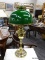 (R3) TABLE LAMP; BRASS TABLE LAMP, COMES WITH A GREEN METAL LAMP SHADE AND A GLASS CHIMNEY THAT IS