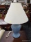 (R3) TABLE LAMP; 1 OF A PAIR OF BLUE URN SHAPED TABLE LAMPS WITH BELL SHAPED SHADES AND BRASS