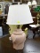 (R3) TABLE LAMP; URN SHAPED TABLE LAMP IN PINK WITH CRACKLED FINISH. HAS A CLOTH PLEATED SHADE AND