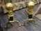 (R4) PAIR OF ANDIRONS; PAIR OF BRASS AND BLACK METAL CANNONBALL POST ANDIRONS WITH BALL AND CLAW