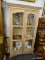(R1) DISPLAY CABINET; WOODEN DISPLAY CABINET WITH 2 ROUND TOP BEVELED GLASS CABINET DOORS WITH LOCK
