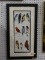 (BACK WALL) FRAMED BIRD PRINT; DEPICTS 3 ROWS OF BIRDS SITTING ON WIRES IN VARYING COLORS. IS SIGNED