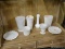 (R1) LOT OF MILK GLASS; 8 PIECE LOT OF MILK GLASS TO INCLUDE 6 VASES OF DIFFERENT SIZES AND 2 PLATES