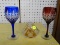 (R1) LOT OF COLORED GLASS; 3 PIECE LOT OF COLORED GLASS TO INCLUDE A RED AND BLUE WINE GLASS WITH AN