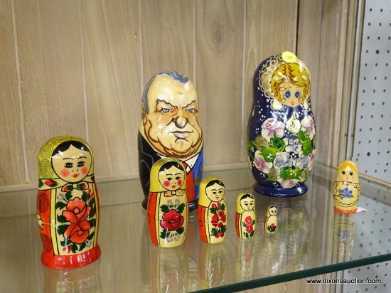 (R1) MATRYOSHKA DOLLS; 4 PIECE LOT OF RUSSIAN NESTING DOLLS TO INCLUDE A MAN IN SUIT, AN ANGEL WITH
