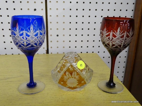 (R1) LOT OF COLORED GLASS; 3 PIECE LOT OF COLORED GLASS TO INCLUDE A RED AND BLUE WINE GLASS WITH AN