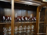 (R2) RUBY GLASSWARE; 13 PIECE LOT OF RUBY COLORED GLASSWARE WITH LEAVES ON THEM TO INCLUDE 11 WATER