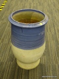 (R2) POTTERY ART PLANTER; LARGE POTTERY ART PLATERS WITH A BLUE GLOSS FINISH ON THE TOP HALF.