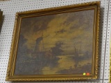 (WALL) PAINTING ON BOARD; ANTIQUE PAINTING ON BOARD OF A WATERMILL ON A RIVER WITH A SAILBOAT ON THE