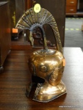 (R2) SPARTANS HELMET; METAL SPARTAN HELMET STATUE WITH A COPPER FINISHED. MEASURES 85 IN TALL.