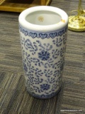 (R2) ORIENTAL PLANTER; BLUE AND WHITE PORCELAIN, CYLINDER SHAPED INDOOR PLANTER. MEASURES 18 IN TALL