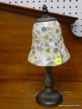 (R3) TABLE LAMP; SMALL METAL TABLE LAMP WITH A STONE LAMP SHADE. MEASURES 12.5 IN TALL.