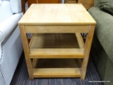 (R3) END TABLE; WOODEN, SQUARE END TABLE WITH 2 LOWER SHELVES AND BLOCK LEGS. MEASURES 22 IN X 22 IN