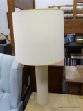 (R3) TABLE LAMP; LIGHT BROWN PAINTED, CYLINDER SHAPED, METAL TABLE LAMP WITH A CREAM DRUM LAMP