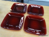 (R3) RUBY PLATES; 4 PIECE LOT OF SQUARE RUBY TONED PLATES WITH ROUNDED EDGES. MEASURES 8.25 IN X