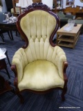 (R3) VICTORIAN ARMCHAIR; VINTAGE YELLOW FABRIC, UPHOLSTERED, WOODEN VICTORIAN ARMCHAIR WITH A ROUND