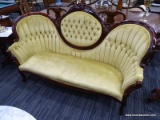 (R3) VICTORIAN SOFA; VINTAGE YELLOW FABRIC, UPHOLSTERED, WOODEN VICTORIAN SOFA WITH 3 ROUND BUMPS ON