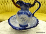 (R3) PITCHER WITH BASIN; BLUE AND WHITE POTTERY ART PITCHER AND BASIN WITH A BLUE COLORWAY WITH