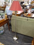 (R3) FLOOR LAMP; CHROME FINISHED FLOOR LAMP WITH A RED COOLIE LAMP SHADE. MEASURES 5 FT TALL.
