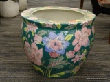 (R3) PORCELAIN PLANTER; HAND PAINTED, GREEN PLATTER WITH PINK FLOWERS PAINTED ON IT. MEASURES 11.5