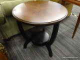 (R3) END TABLE; ROUND, WOODEN END TABLE WITH THE TABLE TOP GRAIN POINTING INWARD. SITS ON 3 BLACK