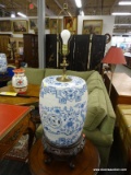 (R3) ORIENTAL TABLE LAMP; LARGE, ORIENTAL, BLUE AND WHITE PORCELAIN TABLE LAMP WITH FLORAL AND BIRD