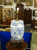 (R3) ORIENTAL TABLE LAMP; LARGE, ORIENTAL, BLUE AND WHITE PORCELAIN TABLE LAMP WITH FLORAL AND BIRD