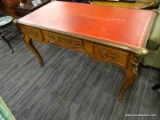 (R3) VINTAGE DESK; RED LEATHER TOP DESK WITH GOLD TOOLING, BRONZE ORMOLU, 3 DOVETAIL DRAWERS ON ONE