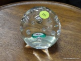 (R3) MURANO PAPERWEIGHT; CLEAR GLASS PAPER WEIGHT WITH BUBBLE PATTERN AND CENTER FLORAL ACCENT. HAS