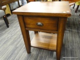 (R3) END TABLE; 1 OF A PAIR OF MAHOGANY FINISH SINGLE DRAWER END TABLES WITH 1 LOWER SHELF AND A